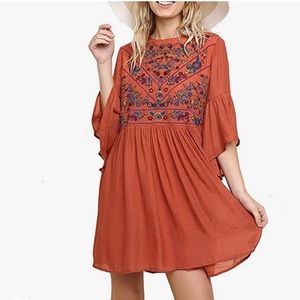Umgee Boho Bliss Dress Clay Bohemian Embroidery Flowy Sleeves Keyhole Button 2XL